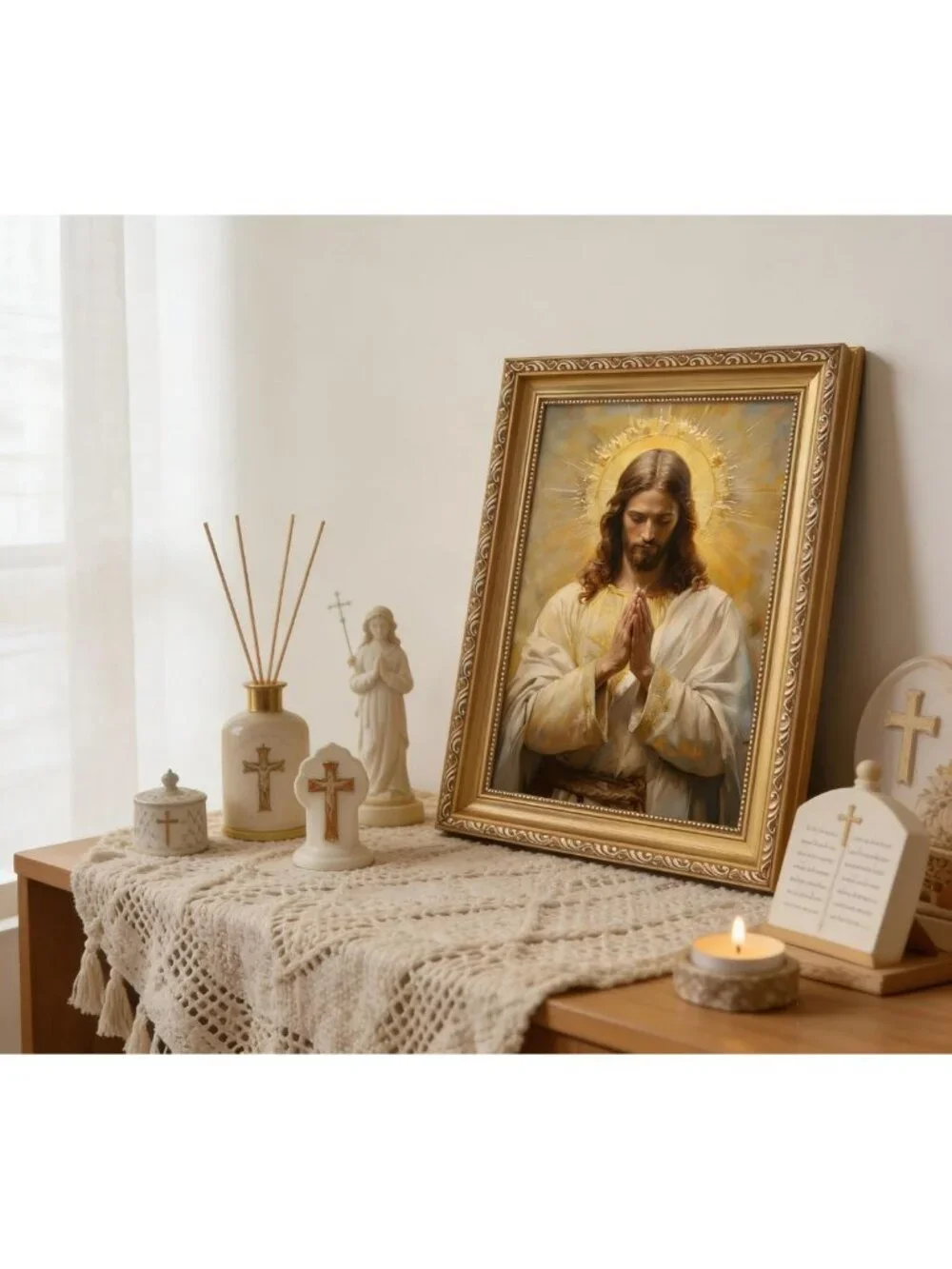 Vintage Jesus Christ Praying Wall Art - Gold Framed Christian Oil Print, 9x11